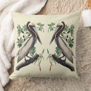 Cojín Decorativo Arte de ave costera pelícano pardo vintage Audubon