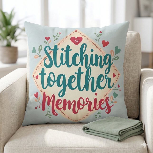Cojín Decorativo Arte de Bordado: Uniendo Recuerdos (Stitching Together Memories Embroidery Art Throw Pillow Mockup A)
