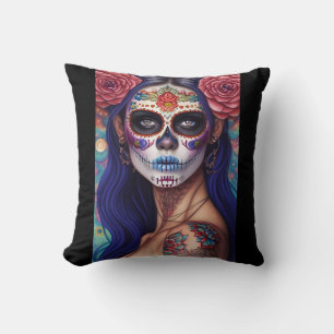Cojín Decorativo Arte de Cráneo de Azúcar - Rosas y Revelry