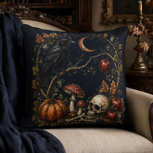 Cojín Decorativo Arte de cráneo de luna de cuervo gótico vintage de