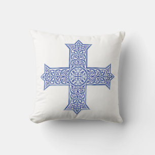Cojín Decorativo Arte de Cruz Copta Azul de Lapis Premium