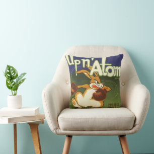 Cojín Decorativo Arte de etiqueta vintage conejo boxeador, zanahori