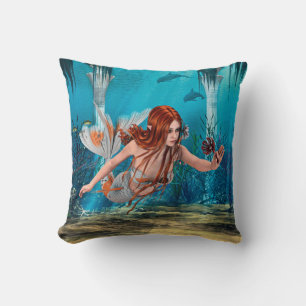 Cojín Decorativo Arte de fantasía de sirena de pelo rojo bajo el ag
