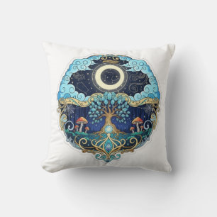 Cojín Decorativo Arte de fantasía nocturna de la luna y el árbol de