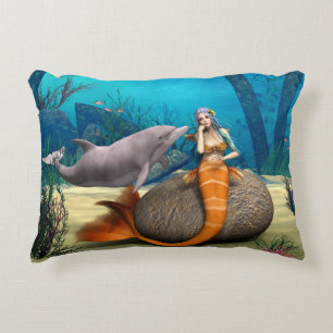 Cojín Decorativo Arte de Fantasía Subacuática de Sirena Delfín Soña