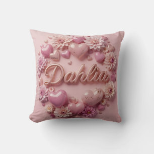 Cojín Decorativo Arte de Flor de Dahlia Pastel con Corazones