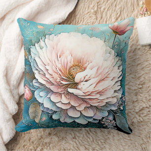 Cojín Decorativo Arte de florecimiento Verde azulado de oro Rosa