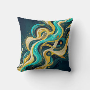 Cojín Decorativo Arte de flujo abstracto elegante turquesa y dorado