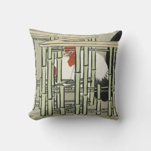 Cojín Decorativo Arte de gallo japonés vintage detrás de una cerca 
