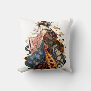Cojín Decorativo Arte de Geisha Japonesa Kimono y Flores de Tempo