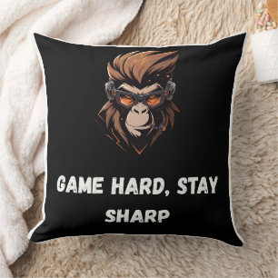 Cojín Decorativo Arte de Gorila Gamer Cibernético Negro Naranja