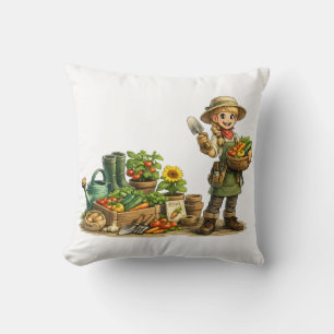 Cojín Decorativo Arte de hermosa jardinera cosechando verduras