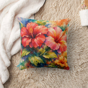 Cojín Decorativo Arte de Hibiscus con Estilo de Acuarela Floral Col