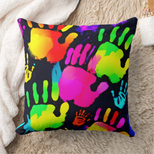 Cojín Decorativo Arte de Huella de Mano Neon Vibrante