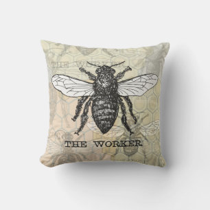 Cojín Decorativo Arte de ilustración vintage de abeja trabajadora
