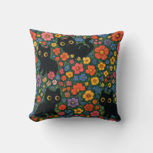 Arte de jardín Kawaii | Patrón floral de gato negr