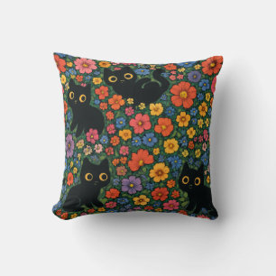 Cojín Decorativo Arte de jardín Kawaii Patrón floral de gato negr