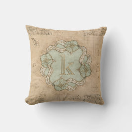 Cojín Decorativo Arte de la letra K vintage hecha a mano verde dora