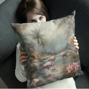 Cojín Decorativo Arte de Laguna Tropical con Ave Exótica Romántica