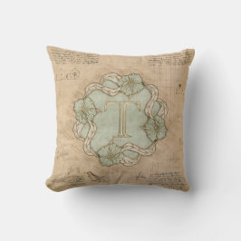 Cojín Decorativo Arte de letra T vintage hecho a mano verde dorado 