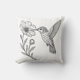 Cojín Decorativo Arte de línea de colibrí detallado con flor silves