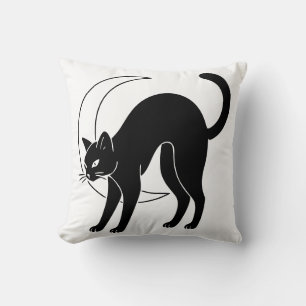 Cojín Decorativo Arte de línea de gato negro y luna creciente