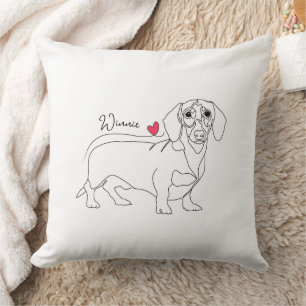 Cojín Decorativo Arte de línea de perro Dachshund y corazón con nom