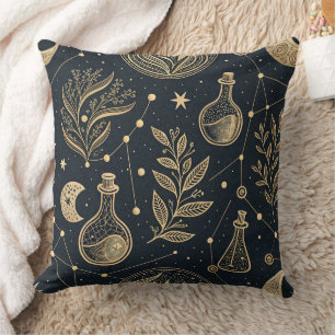 Cojín Decorativo Arte de línea dorada celestial - Fases lunares y p