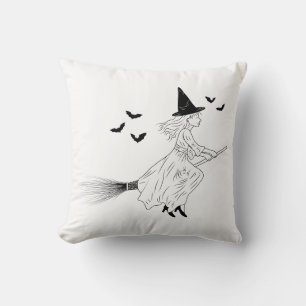 Cojín Decorativo Arte de línea negra minimalista de bruja y murciél