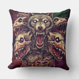 Cojín Decorativo Arte de lobo demonio salvaje multi-cefálico