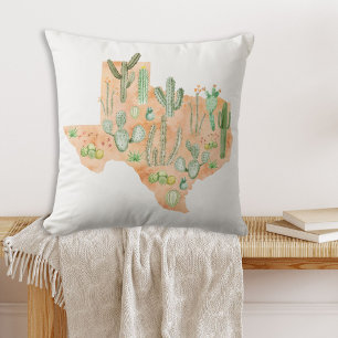 Cojín Decorativo Arte de Mapa de Acuarela de Cactus de Texas Sucule