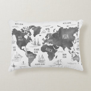 Cojín Decorativo Arte de Mapa Mundial Náutico Blanco y Negro
