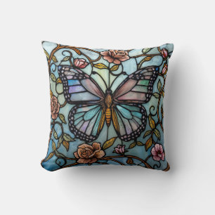 Cojín Decorativo arte de mariposa azul de vidrio teñido vintage 