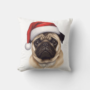 Cojín Decorativo Arte de Navidad de perro Pug con sombrero de Santa