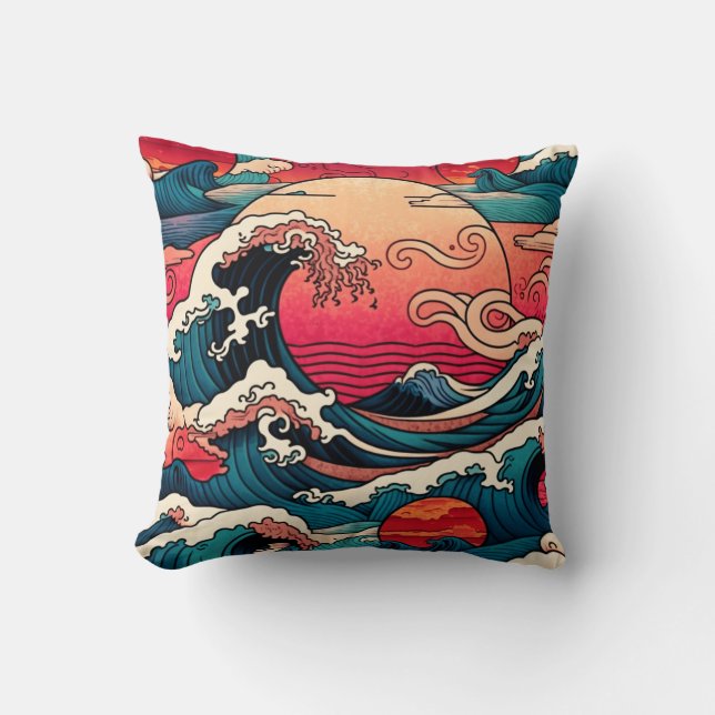 Cojín Decorativo Arte de olas oceánicas rojo japonesas (Anverso)