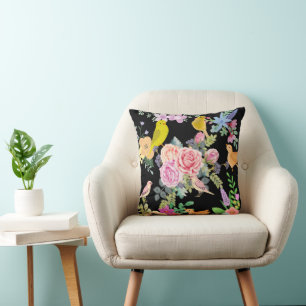 Cojín Decorativo Arte de pájaros y flores coloridos y vibrantes sob