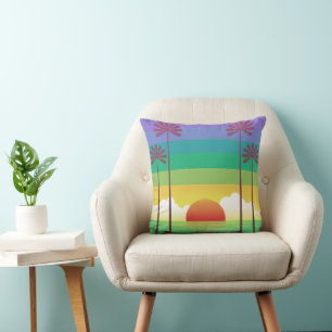 Cojín Decorativo Arte de palmeras y puesta de sol púrpura retro