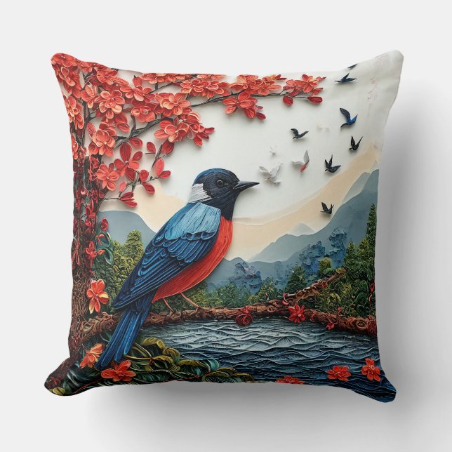 Cojín Decorativo Arte de papel de pájaro (Anverso)
