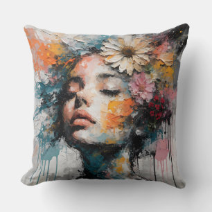 Cojín Decorativo Arte de pared de retrato de mujer floral abstracto