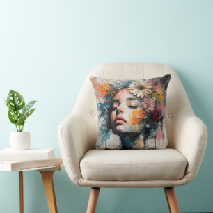 Cojín Decorativo Arte de pared de retrato de mujer floral abstracto