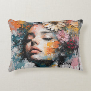 Cojín Decorativo Arte de pared de retrato de mujer floral abstracto