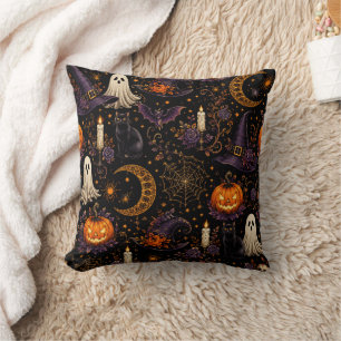 Cojín Decorativo Arte de patrón de calabaza y fantasma de noche de