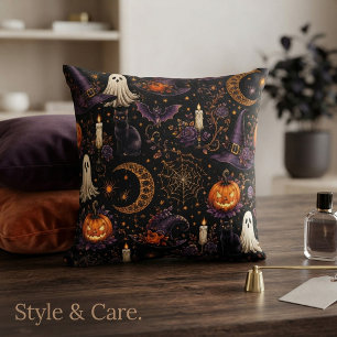 Cojín Decorativo Arte de patrón de calabaza y fantasma de noche de
