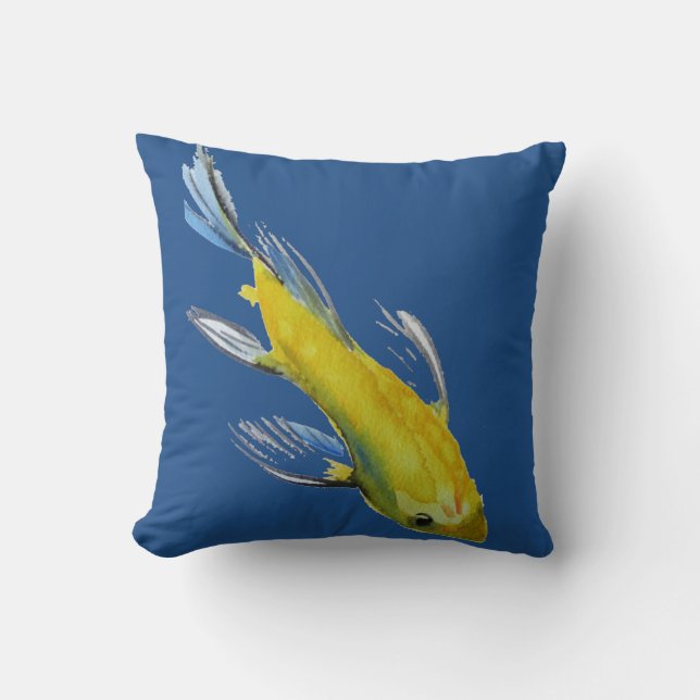 Cojín Decorativo Arte de pescado acuático japonés de Koi Amarillo (Anverso)