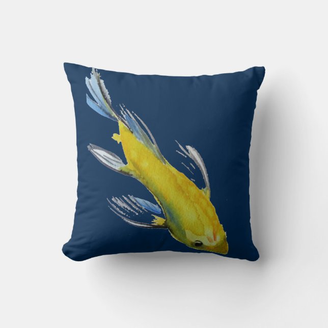 Cojín Decorativo Arte de pescado acuático japonés de Koi Amarillo (Anverso)