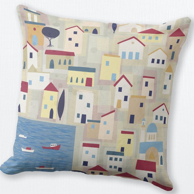 Cojín Decorativo Arte de pueblo pesquero de Isla Griega (Greek island fishing village abstract art throw pillow)