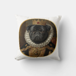 Cojín Decorativo Arte de Pug Negro Inspirado en Retratos de Reinas