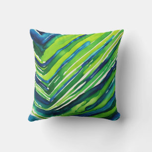 Cojín Decorativo Arte de Rayas Verde Neón y Azul Oscuro