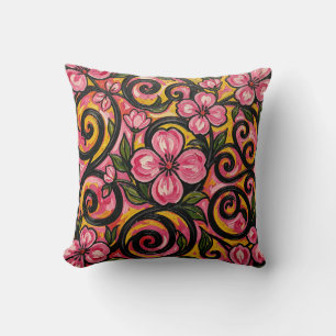 Cojín Decorativo Arte de remolino floral rosa vibrante