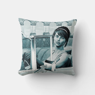 Cojín Decorativo Arte de retrato de mujer glamour azul vintage
